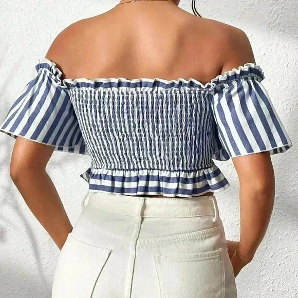 White & Blue Boho Womens Striped Off Shoulder Knot Front Frill Trim Crop Blouse - Picture 3 of 5